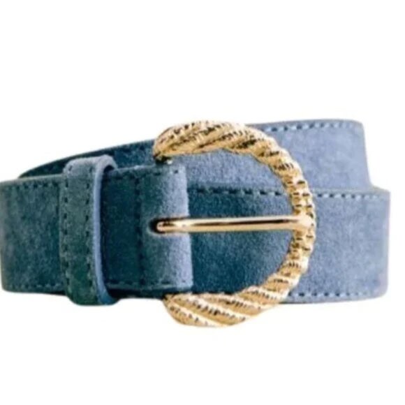 Sezane Thelma Suede Belt T85 Denim Blue Leather Gold Buckle - Picture 1 of 10